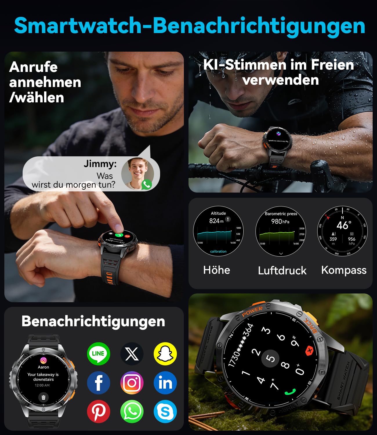 LIGE GPS Smartwatch Herren, Barometerdruck/Höhenmesser/Kompass, 1,43" AMOLED Smart Watch mit LED Taschenlampe/124 Sportmodi/10ATM/Bluetooth Anrufe/Gesundheitsmonitor für Android iOS, DM1-H