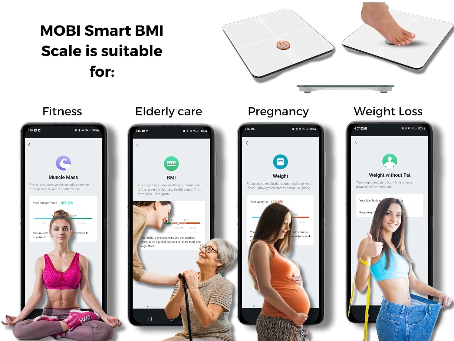 MOBI Smart WiFi Body Composition Scale, Digital Bathroom Scale with 18 Body Metrics, BMI, Body Fat, Muscle Mass, App Sync, 10 User Profiles, 396 lb Capacity, LCD Display