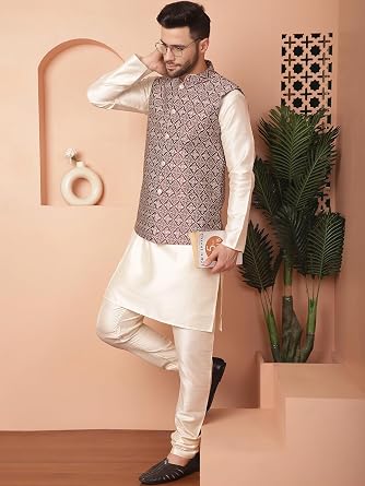 Maple Clothing Men's Indian Waistcoat Nehru Jacket Guest Bandhgala Wedding Vest Outfit Brocade Silk Blend