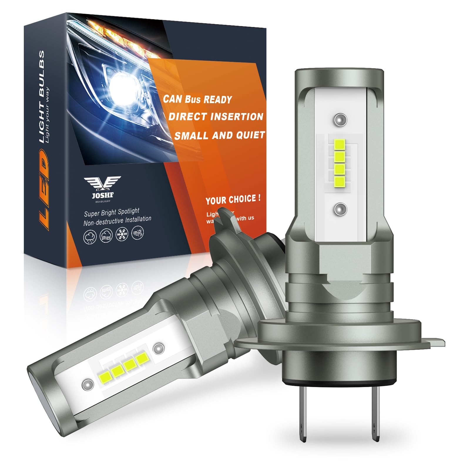 JOSHF H7 LED Lampadina, 30000LM 80W Luce Bianca 6500K 500% Brillante, Lampadine per Fari Auto e Moto, 1:1 Design di Ricambio Lampada Alogena, Plug and Play, 2 pezzi