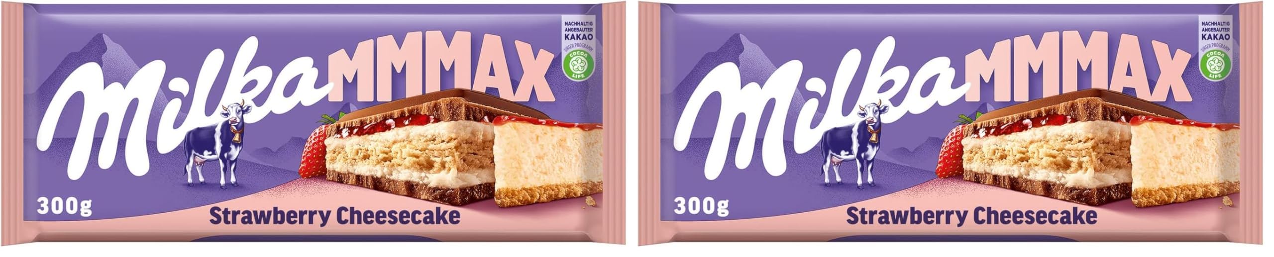 Milka Mmmax Strawberry Cheesecake – Alpenmilch-Schokolade mit Erdbeer-Crème und knusprigen Keksstücken – 300g (Packung mit 2)