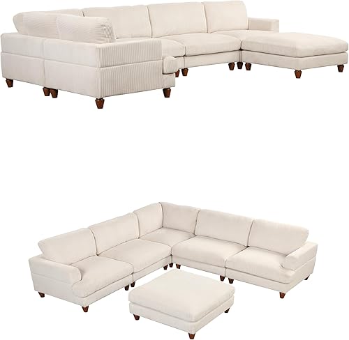 Miniatura 11 de Sofá modular modular de pana en forma de U con otomana movible, LU 6 plazas, sofá esquinero combinado gratuito y sofá convertible espacioso para el