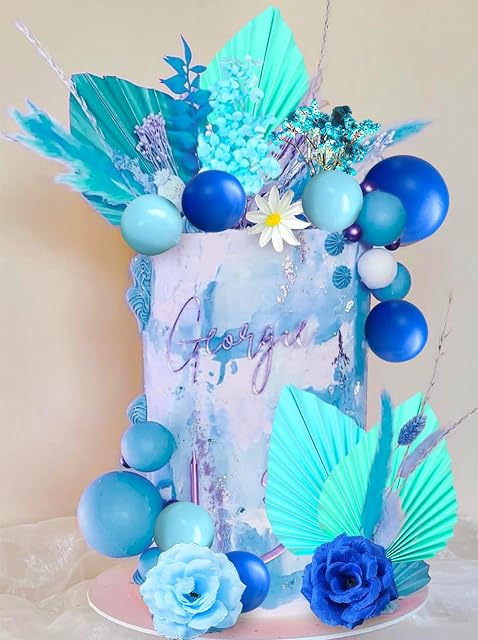 JeVenis Blue Rose Cake Decoration Blue Leaves Boho Cake Decoration Balls Disco Balls Cake Topper for Birthday Wedding Bridal Shower Baby Shower