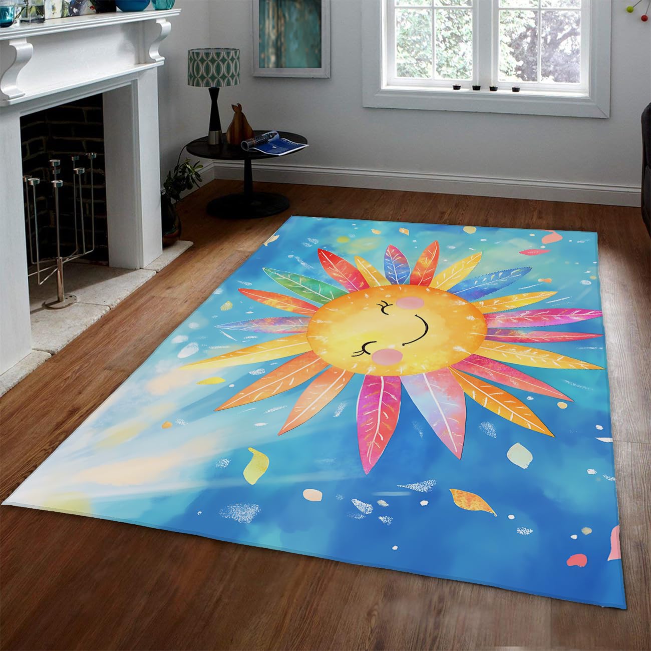 Tapis ultra fin lavable 140x200cm jaune à motif soleil pour chambre