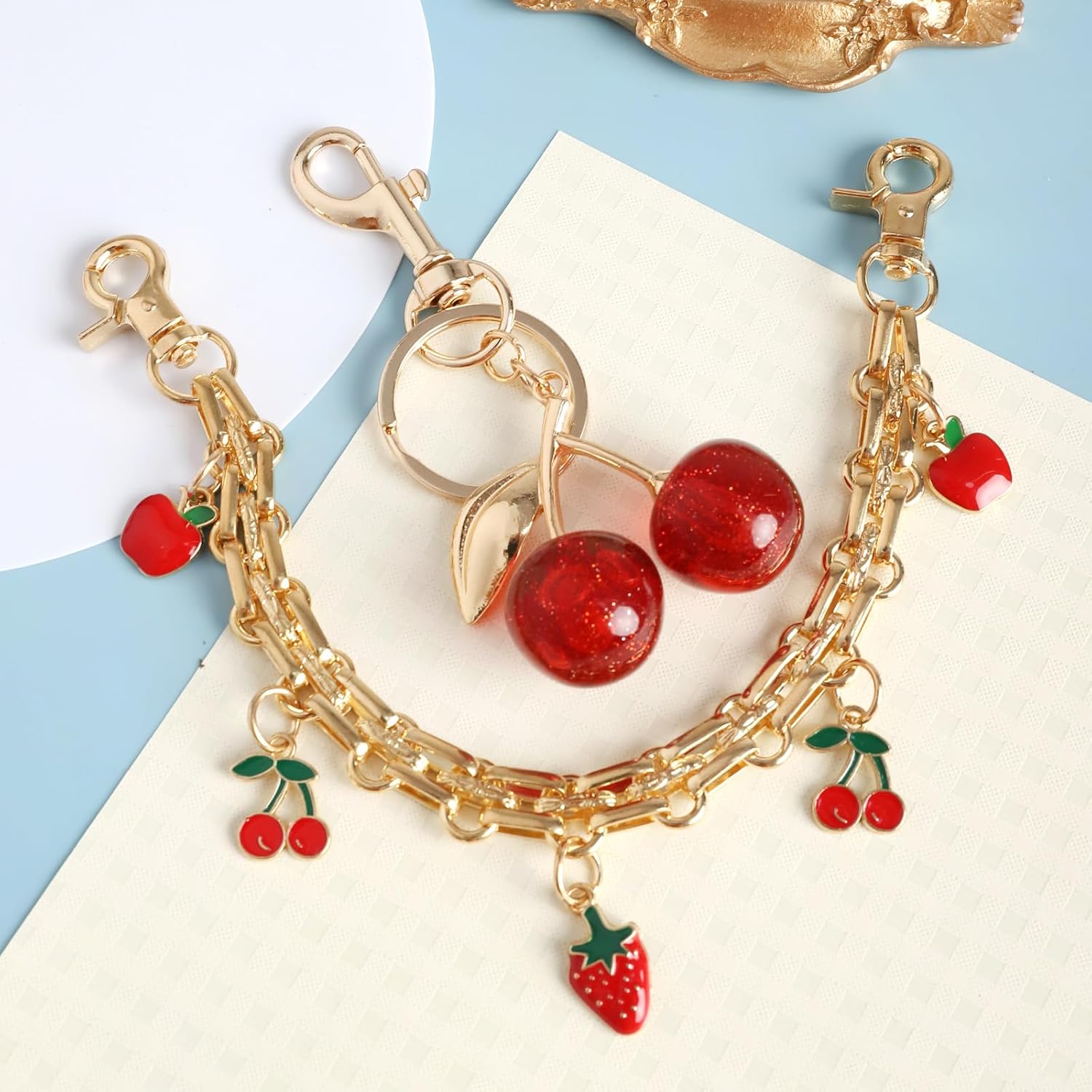 QXUJI Decorative Bag Chain, Strawberry Cherry Enamel Pendant Purse Strap Extender, Gold Replacement Extension Purse Chain with Cute Cherry Keychains, for Women Handbags Shoulder Crossbody Bags - Image 7