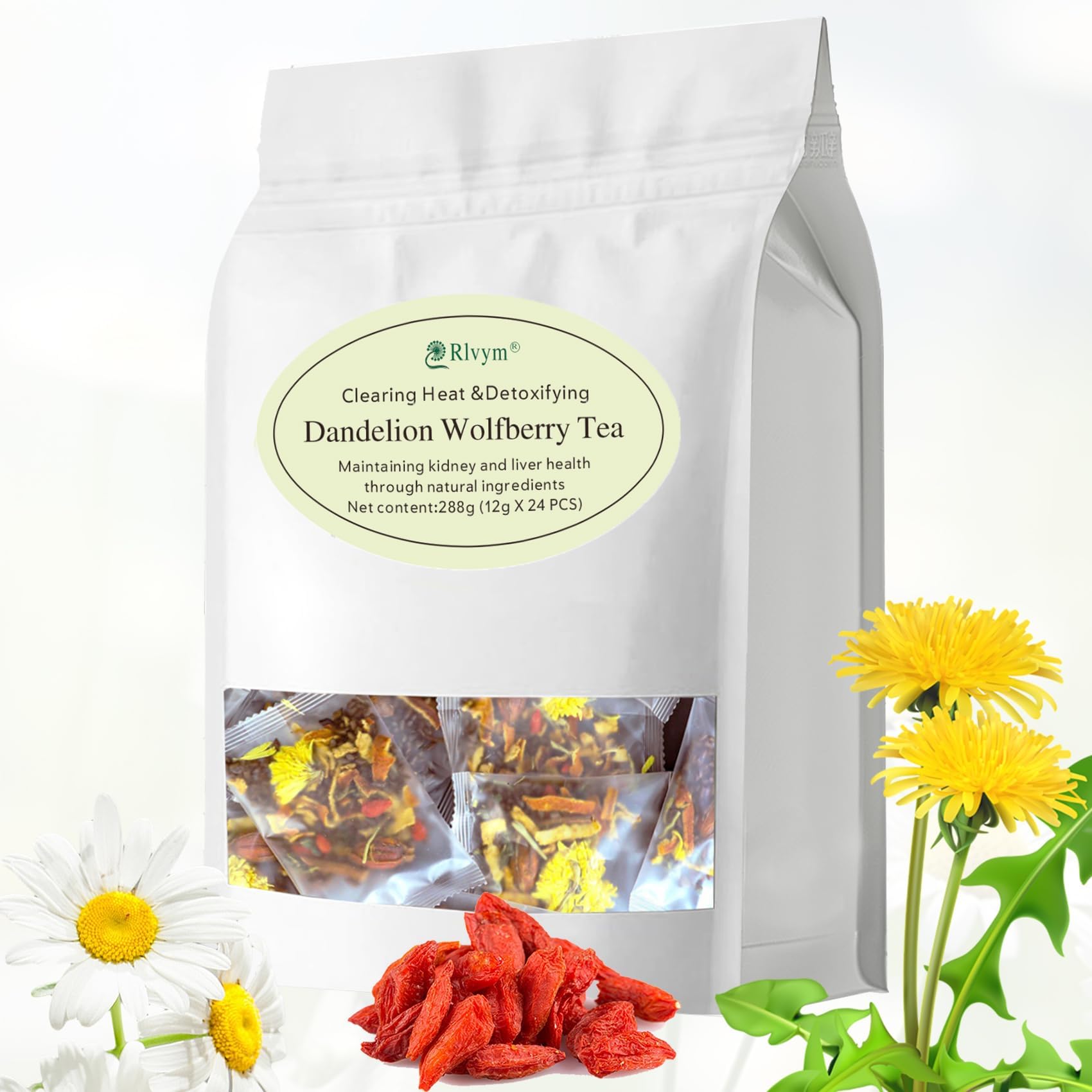 24Pcs Dandelion Wolfberry Tea, Kidneys & Liver Health, Seven Natural Herbal Ingredients, Organic Dandelion Goji Chrysanthemum Wolfberry Tea (24Bags, 288g)