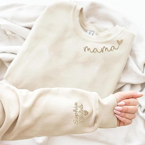 Vista 2 de Givesmiles Custom Embroidered Mama Sweatshirt and Hoodie, Custom Name Or Kid Name On Sleeve, Gifts for Mom, Motherday Gifts