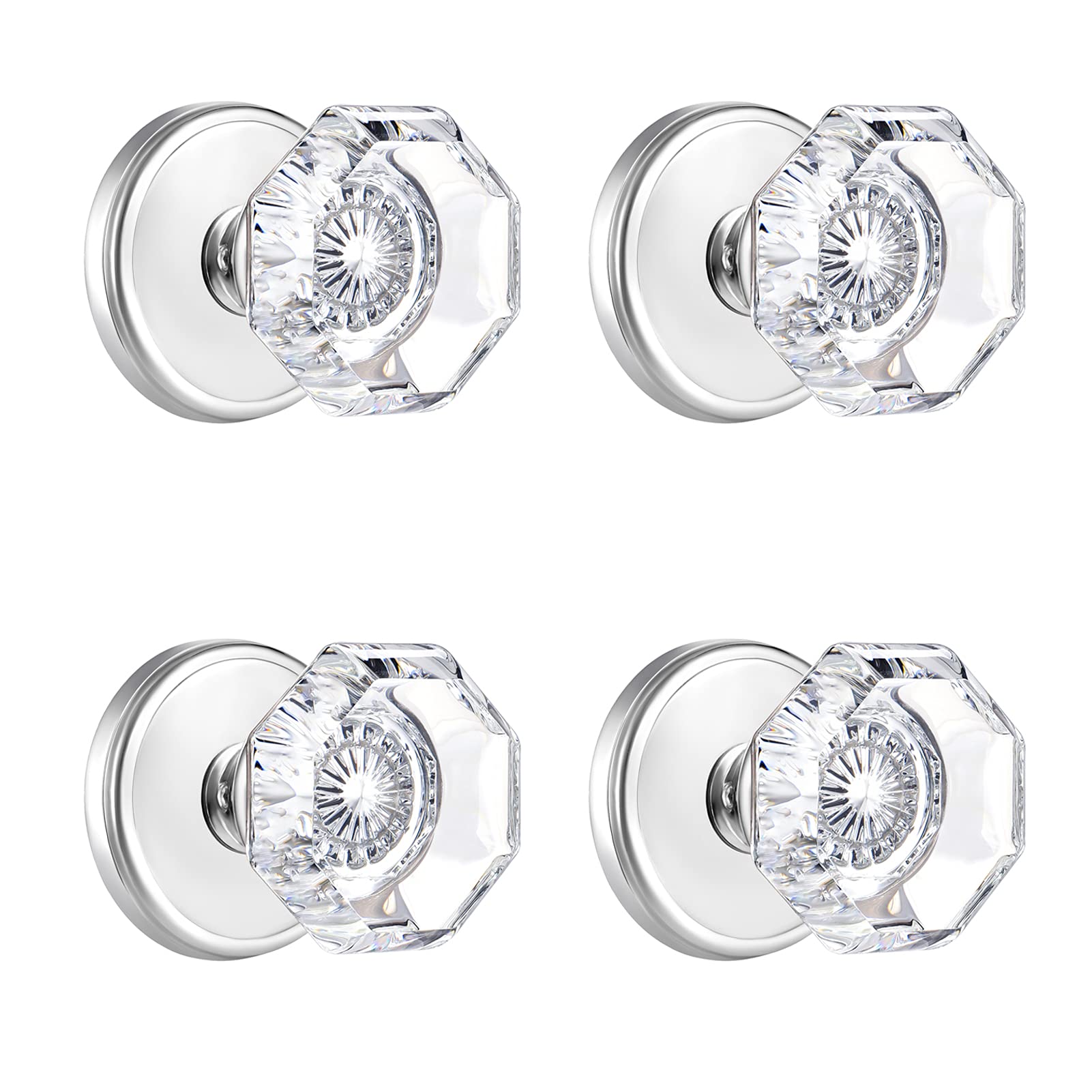 Clctk Chrome 4 Pack Glass Dummy Door Knobs, Single Side Dummy Door Knob Set, Polished