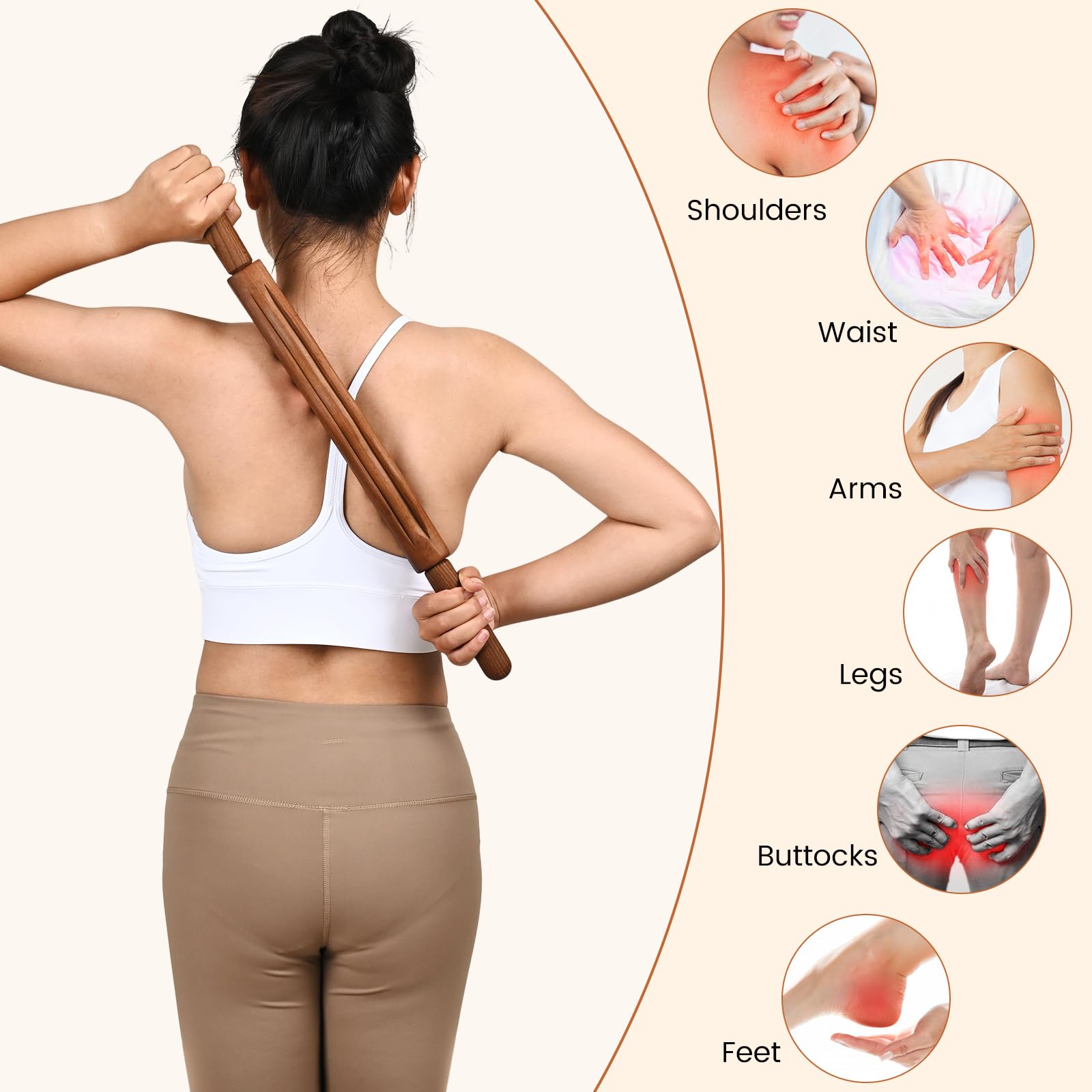 Guasha - Varilla de masaje de madera, herramientas de masaje para terapia de madera, doble fila de 20 cuentas