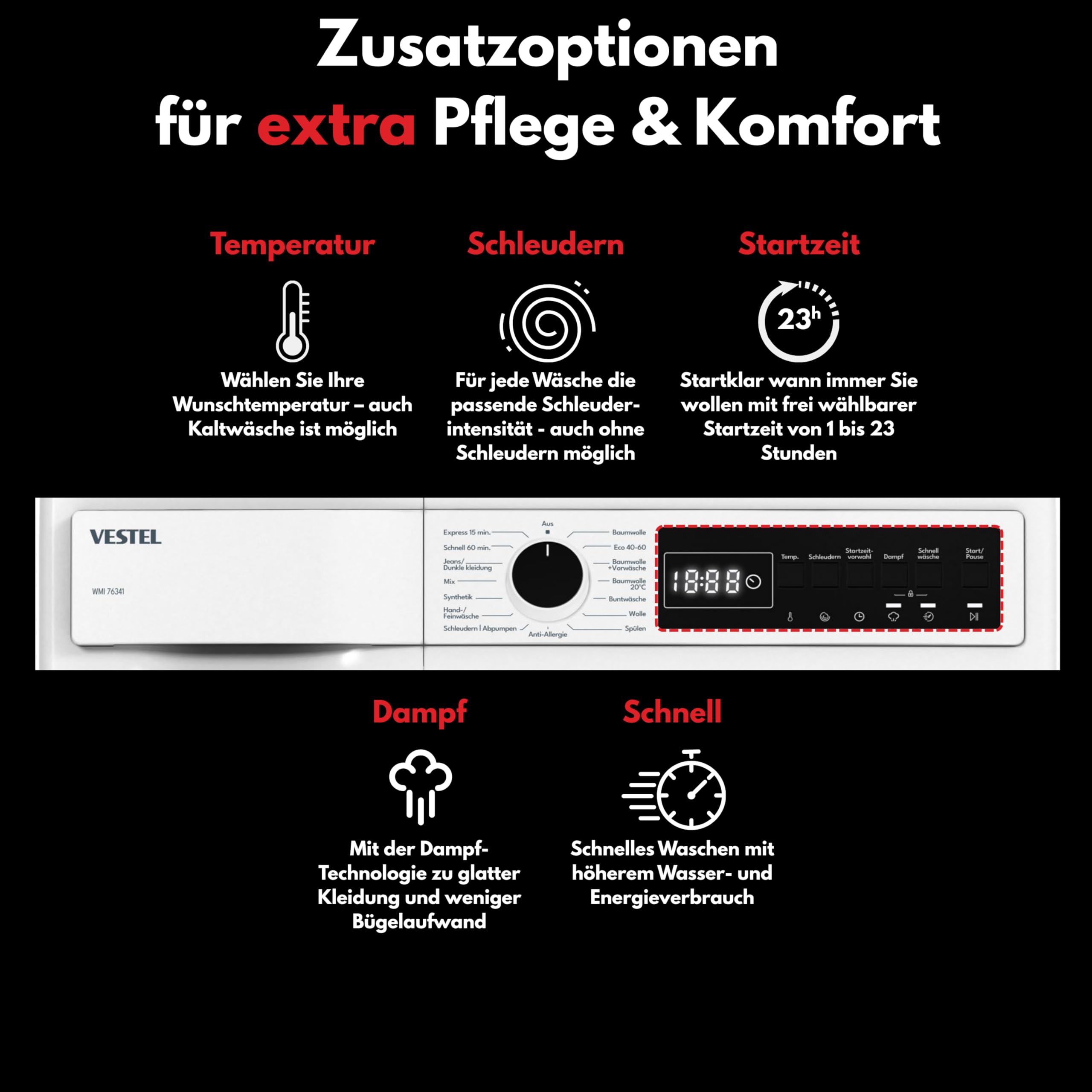 VESTEL WMI 76341 Waschmaschine 7 kg Frontlader – 1400 U/min, Energieeffizienzklasse A, Inverter-Motor, Dampffunktion, AquaStop, leise, freistehend, weiß