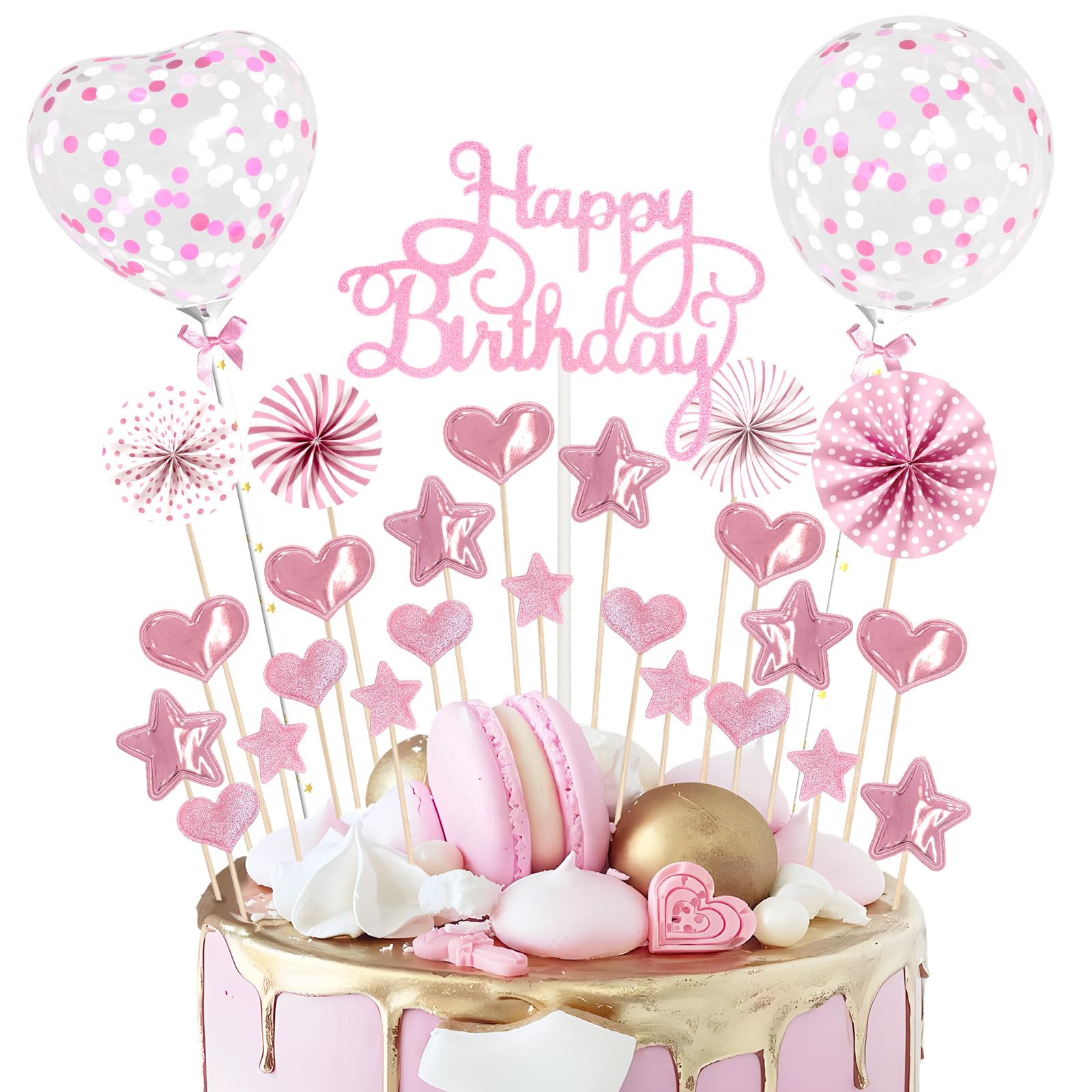 Teselife Happy Birthday Cake Toppers Kit Pink Theme Birthday Cake Topper Glitter Cupcake with Star Heart Paper Fans Confetti Balloon 28 pcs Romantic Topper for Women Girls Party Decorations
