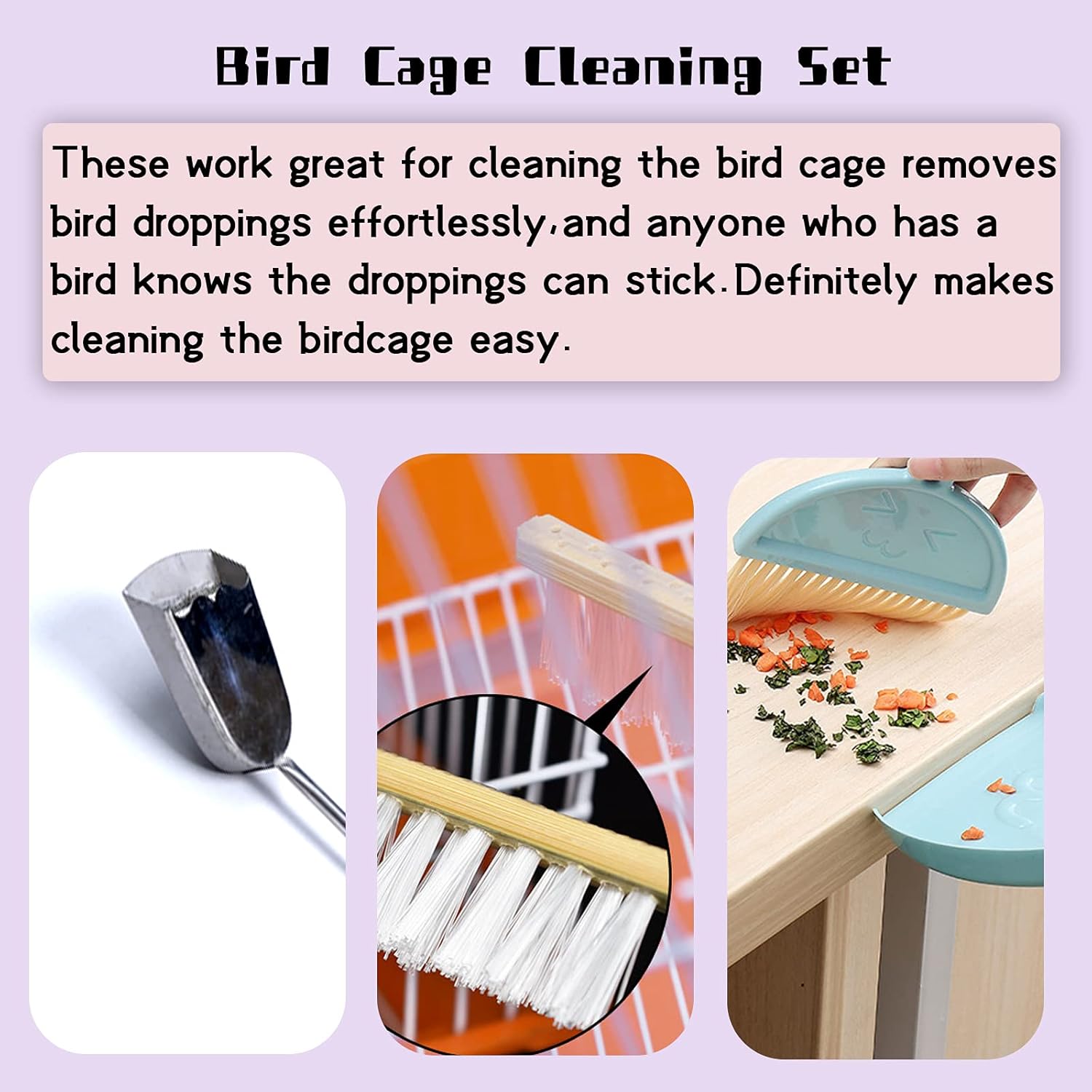 Bonaweite 3 Pack Bird Cage Cleaning Brush Set, Retractable Shovel Birdcage Broom Cleaner, Pet Supply Kennel Cage Accessory for Parrot Birds Dogs Cats : Pet Supplies