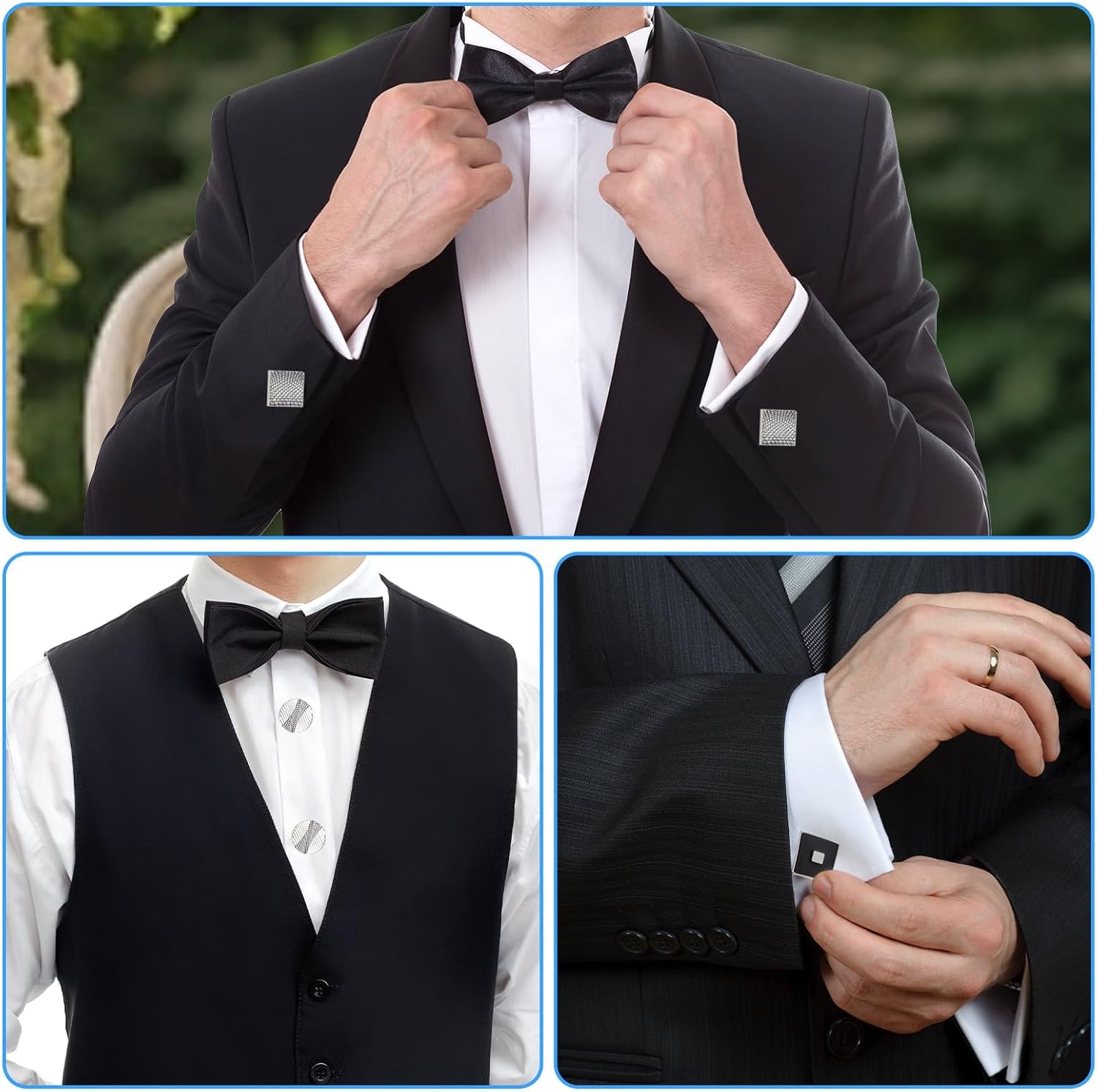 6pcs Cuff Links Mens, Fashion Cufflinks for Men, Silver and Black Mens Cufflinks Decorations for Leisure Wedding Fathers Husbands Boyfriends Gifts
