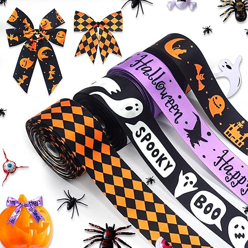 Miniatura 6 de 4 rollos de cintas de satén de Halloween para envolver regalos, cintas de Halloween naranja y negro para decoración de fiestas de bricolaje, 0.9