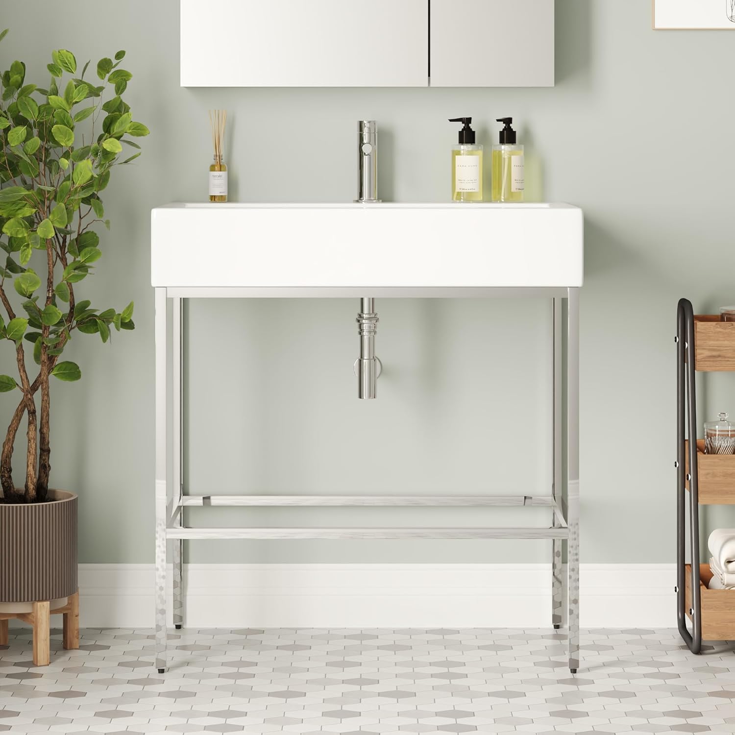 DeerValley 32-inch Freestanding Bathroom Console Sink, White Ceramic Vessel Basin with Silver Stainless Steel Legs and Overflow, Modern Rectangular Design, Model DV-1CS0253A