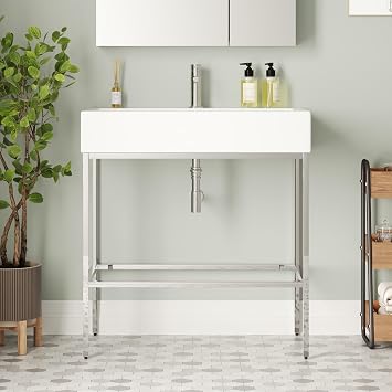 DeerValley 32-inch Freestanding Bathroom Console Sink, White Ceramic Vessel Basin with Silver Stainless Steel Legs and Overflow, Modern Rectangular Design, Model DV-1CS0253A