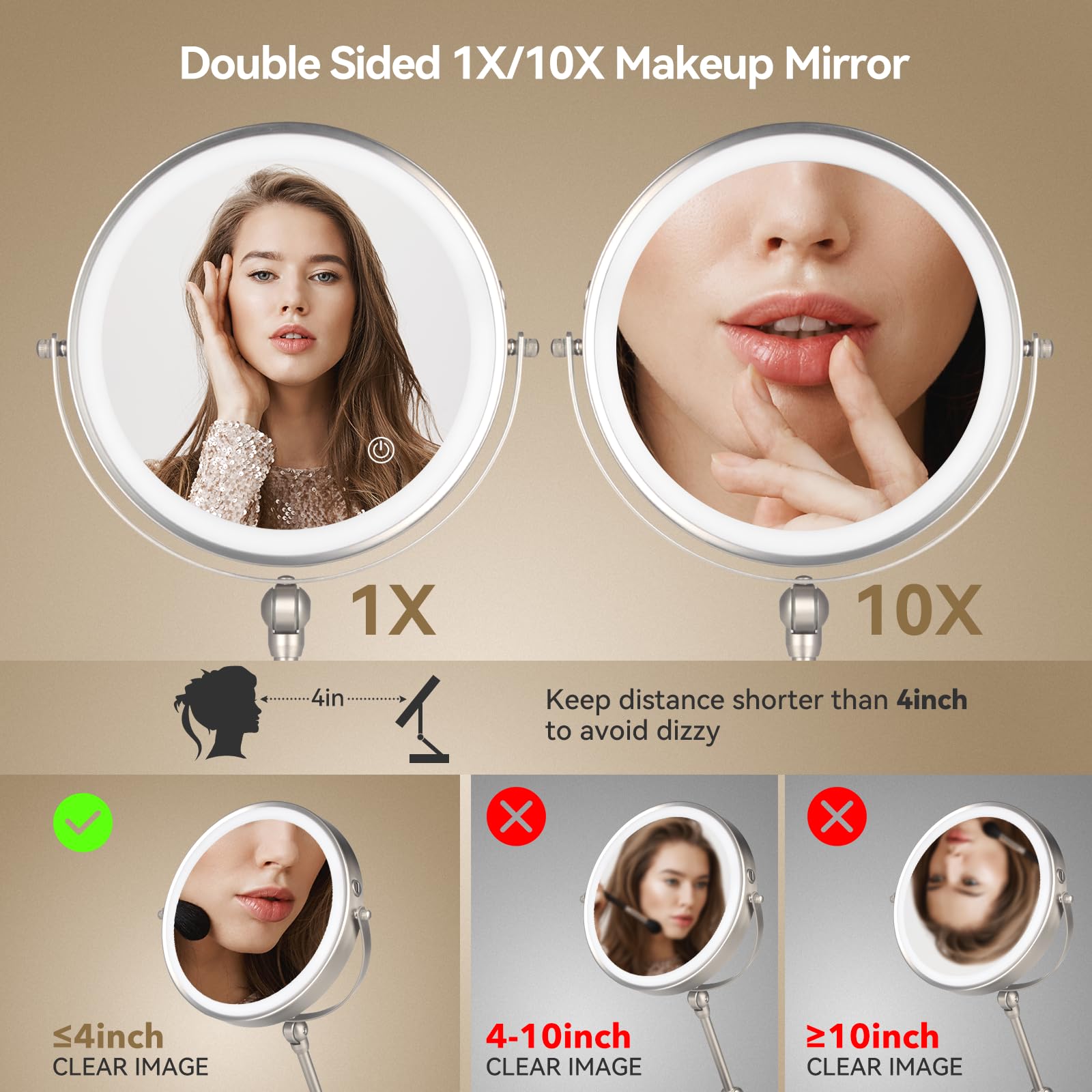 Espejo de aumento con luz, espejo de escritorio ajustable en altura, espejo de maquillaje iluminado de doble cara 1x/10x, espejo de tocador giratorio de 8 pulgadas con soporte de brillo ajustable
