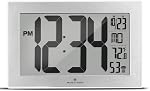MARATHON Atomic Wall Clock, Silver - Large 9-Inch Display - AM/PM or 24-Hour Time, 8 Time Zones, Indoor Temperature, Day & Date