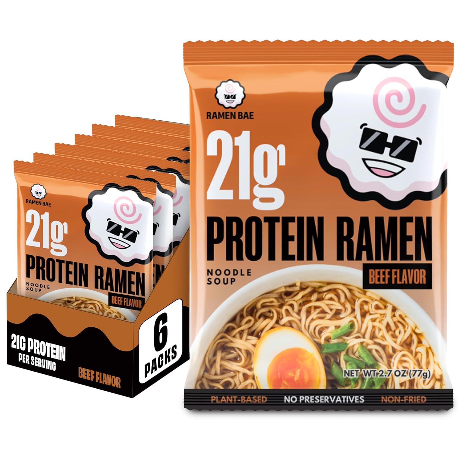 Ramen Bae High Protein Ramen Noodles - Beef Flavor 21g Protein Soup - Air Dried Not Fried, Plant Based, Vegan Ramen Protein Noodles - Low Carb, Sodium & Fat - Savory Roasted Beef Broth (Pack of 6)