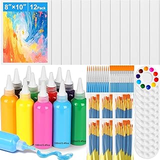 shynek 12 Pack Acrylic Painting Canvas with 12 Colors Paint Set 3.38 oz/Bottle, 12x8 Inch Blank Canvas Artist Brushes for Adults Couples Beginners Sip and Paint Party