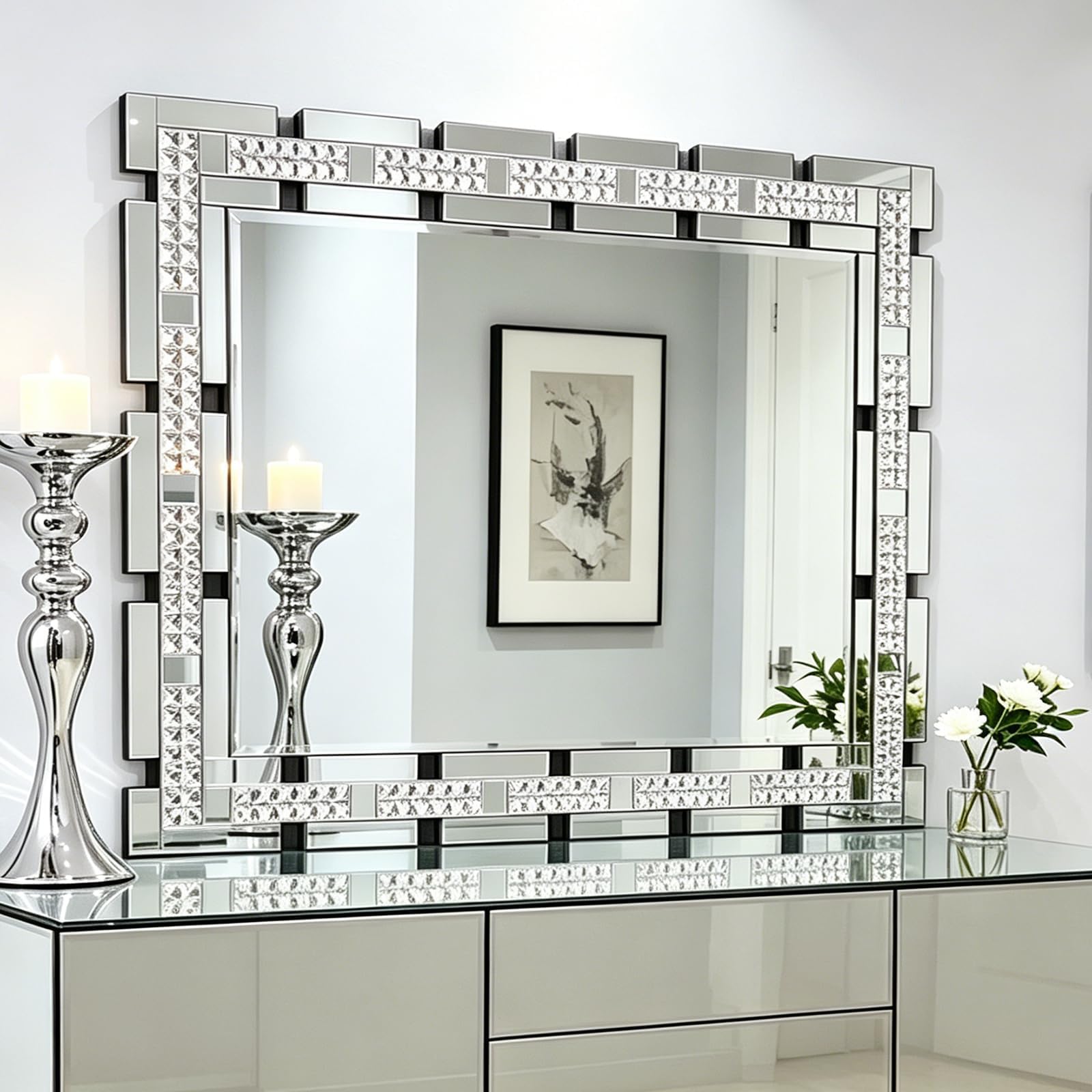 Chende 36"x24" Decorative Wall Mirror with Crystal Accent, HD Lead-Free Vanity Mirror for Bathroom Living Room, Horizontal Vertical Hanging, Luxury Geometric Frame for Modern Home Decor
