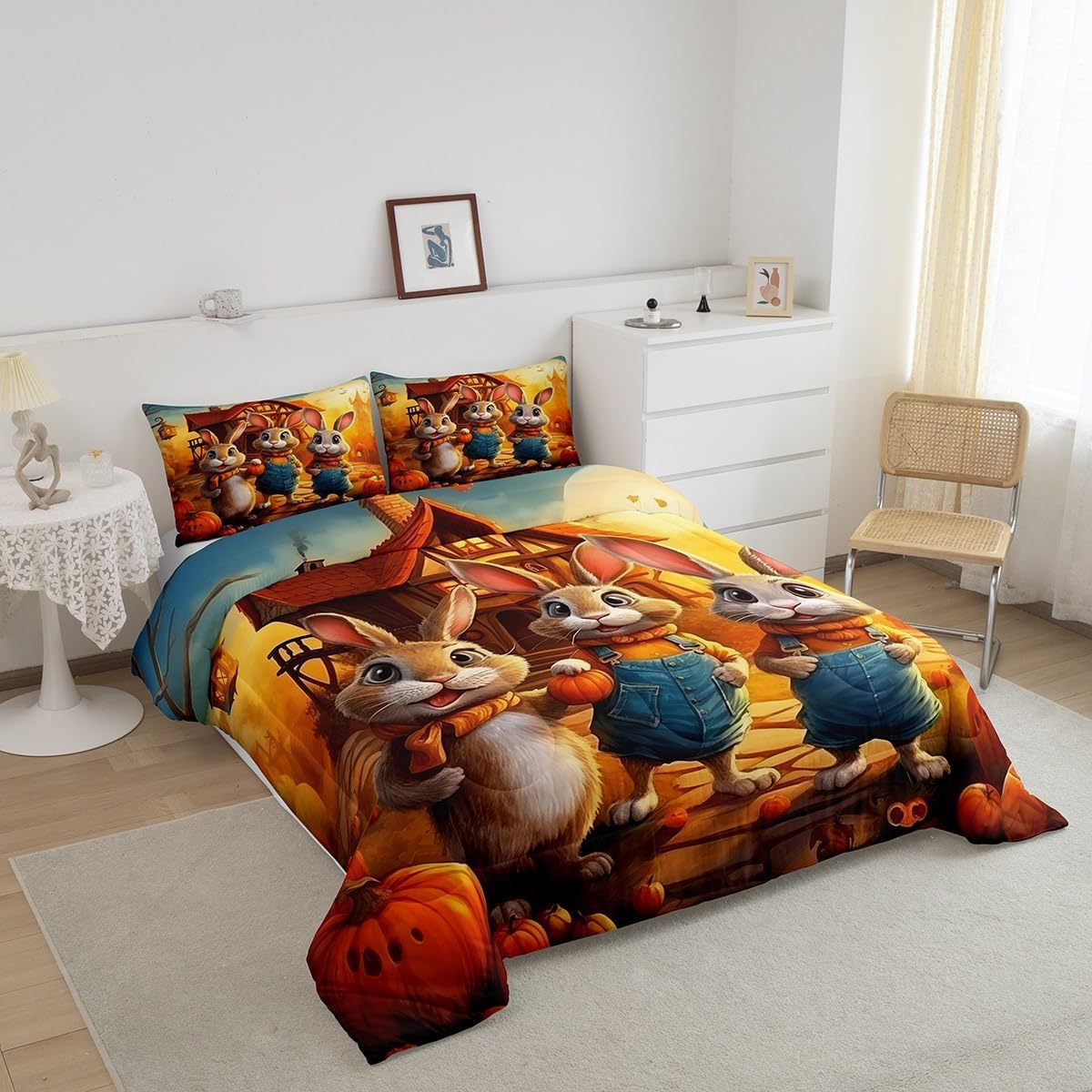 Erosebridal Cute Rabbit Comforter Set Queen,Farmhouse Animal Print Bunny Bedding Set Kawaii Room Decor,Halloween Pumpkin Comforter Set Rustic Cabin Style Cartoon Animals Quilt Bed Set 3Pcs