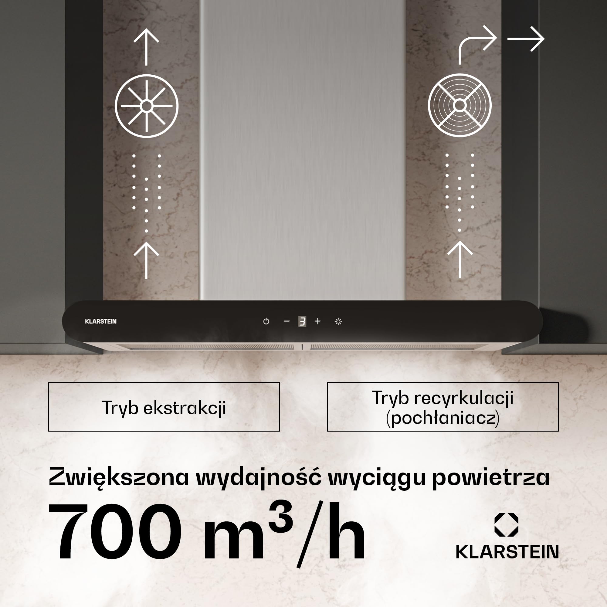 Klarstein CurveVent okap kuchenny – 60 cm, strumień powietrza 700 m³/h, energooszczędność A+, obsługa dotykowa, oświetlenie LED, 56 dB, czarny, filtr powietrza wylotowego i węglowego