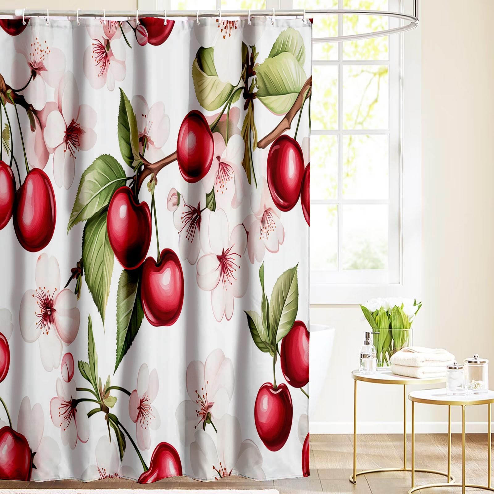 Cortina de Ducha con impresión Digital de Cereza Roja Floral Cortina de Baño con Flores,240x200cm Impermeable Cortinas de Ducha con 12 Ganchos Tela de poliéster para baño