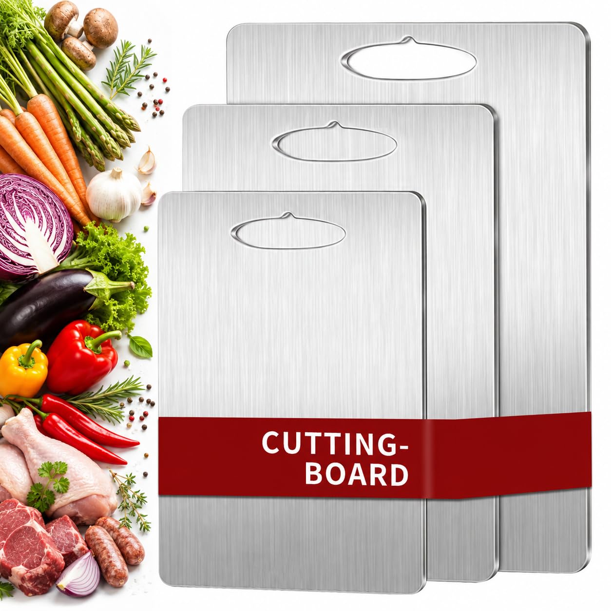 Set di 3 Tagliere in Titanio, S316 Tagliere Acciaio Inox, Doppio Lato per Alimenti, Cutting Board Facile da Pulire per Verduras, Fruttas e Carne