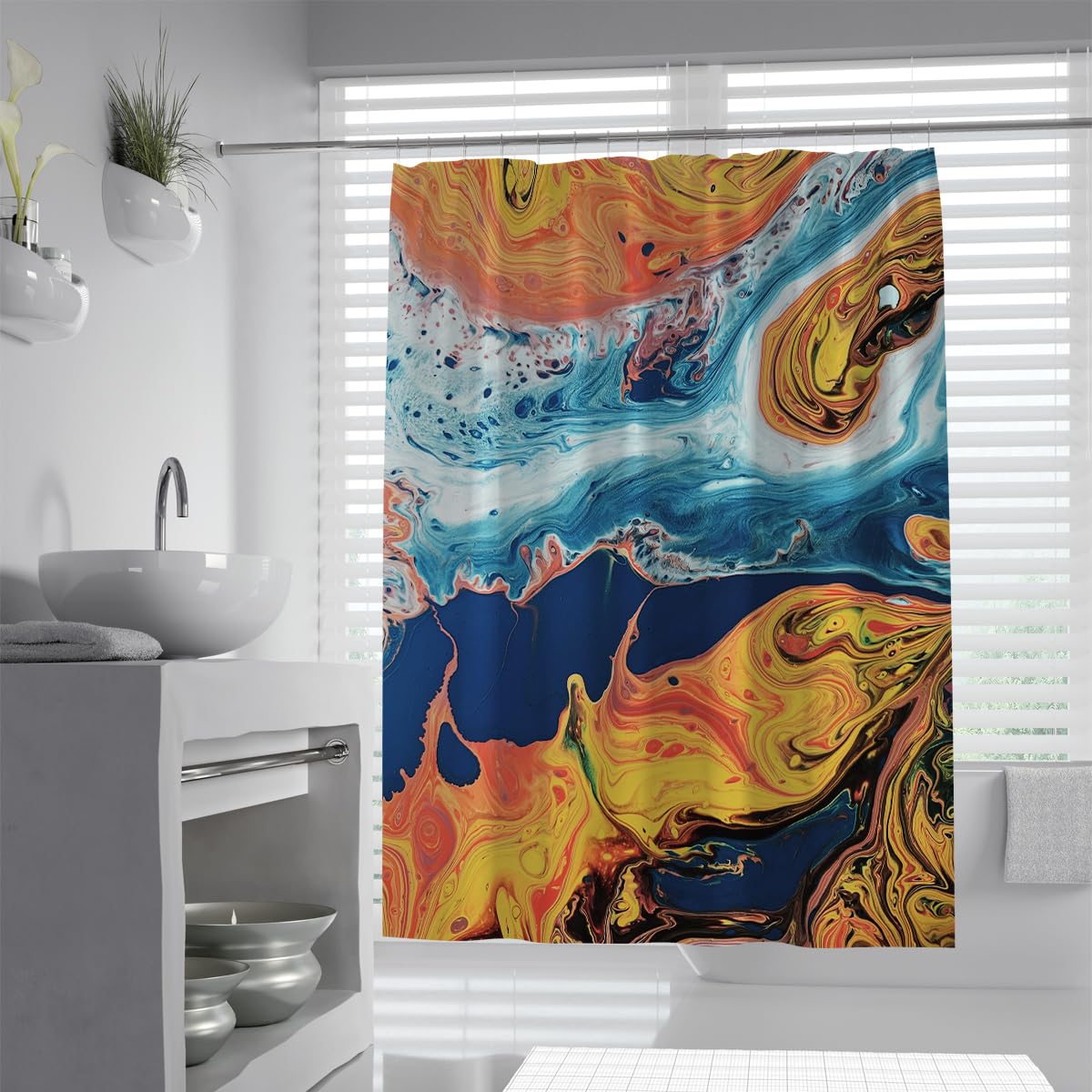 UIRINGART Contemporary Shower Curtains W150xL200cm Navy Yellow Orange Fluid Marble Ocean Wave Pattern Mildew Mould Resistant Polyester Fabric Bathroom Wet Room Tub
