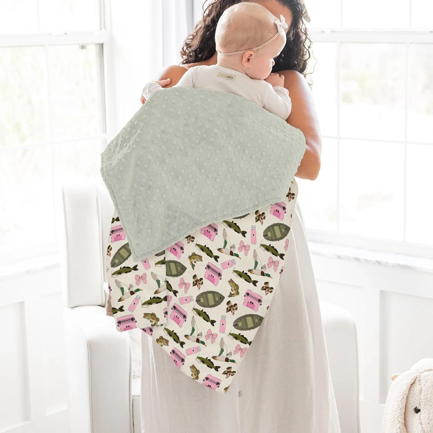 Pink Fishing Hunting Girly Baby Blankets for Girl Boy Boats Bass Fish Duck Bows Soft Mink with Dotted Backing Double Layer Swaddle Blanket Summer Lake Country Nursery Bed Blanket Infant Toddler 30x40