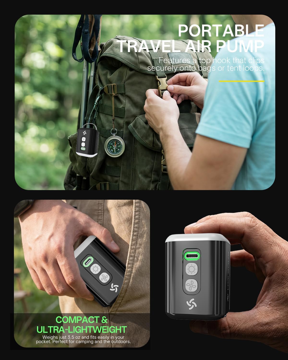 Portable Air Pump for Inflatables - Rechargeable Electric Air Mattress Pump with 1600 mAh Battery & Camping Light, 5 Nozzles for Vacuum Storage Bags, Swimming Rings, Pool Floats