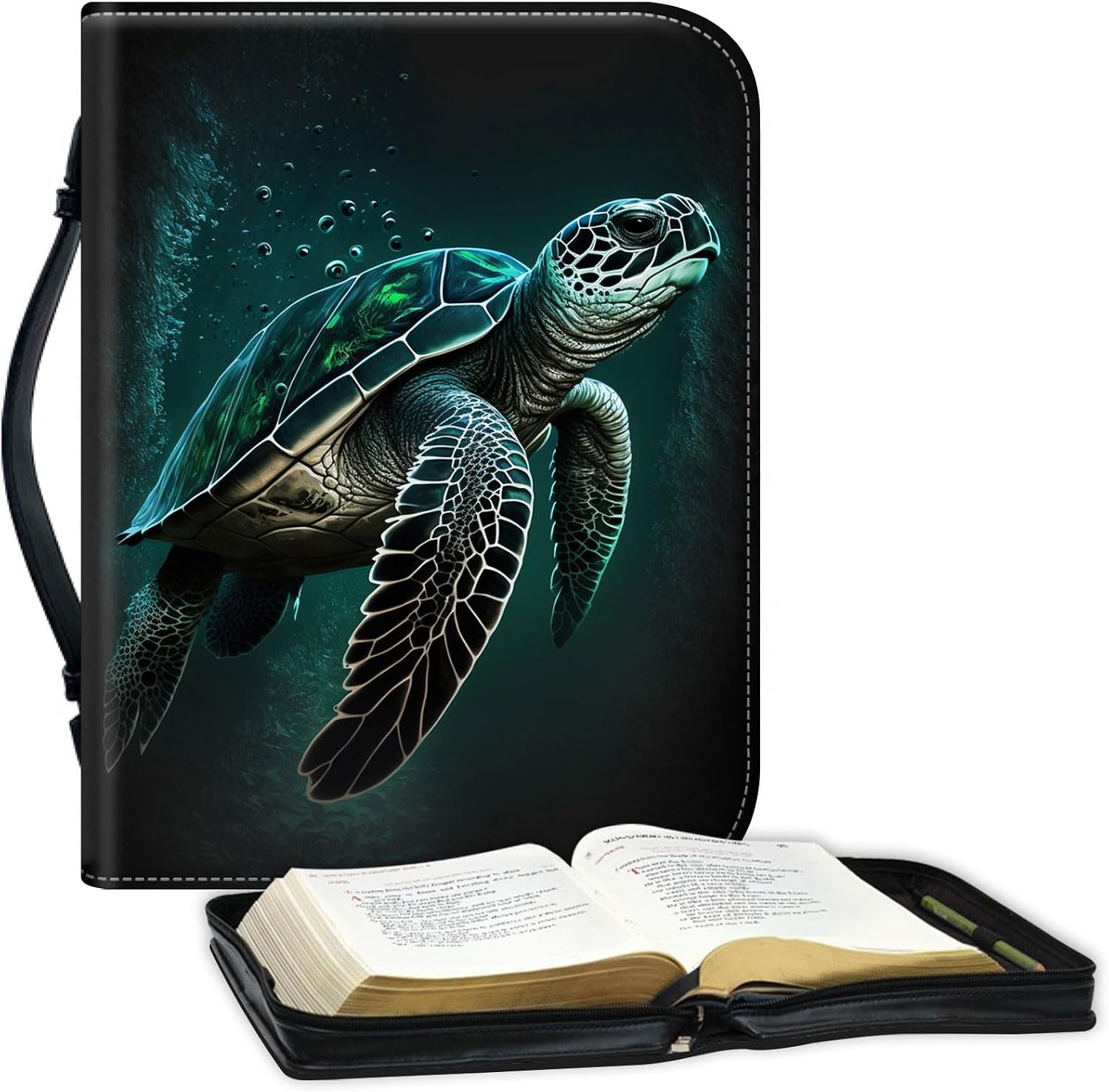 Bible Covers for Women Men, Carrying Book Case Church Bag Bible Protective PU Leather Bible Case with Zippered Pocket,for Standard and Large Size Study Bible 10x7.5x1.9 in,Cute Green Sea Turtles