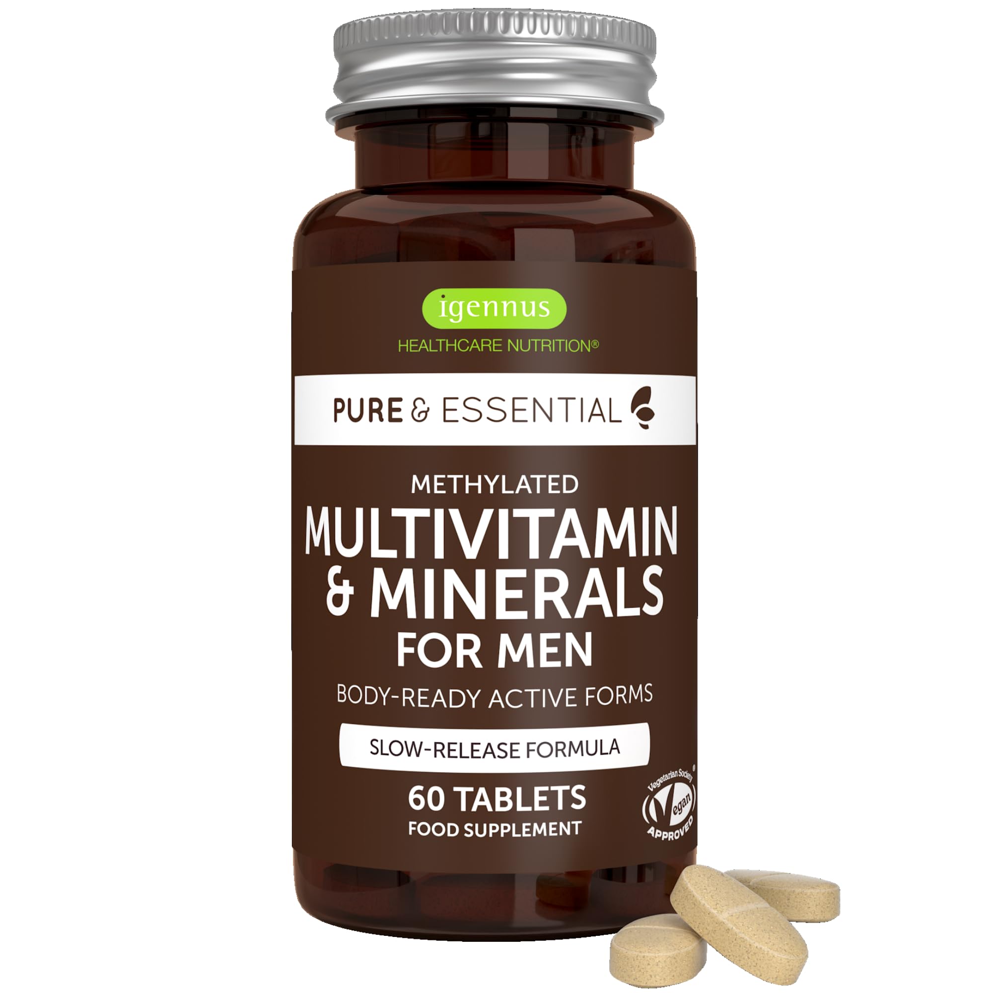 Igennus Advanced Men's Multivitamin, Methylated B-Vitamins, Clean Label & Vegan, High Strength Formula Without Iron, Daily Energy, Immunity & Heart Support, Plus Lycopene, Chelated Minerals,