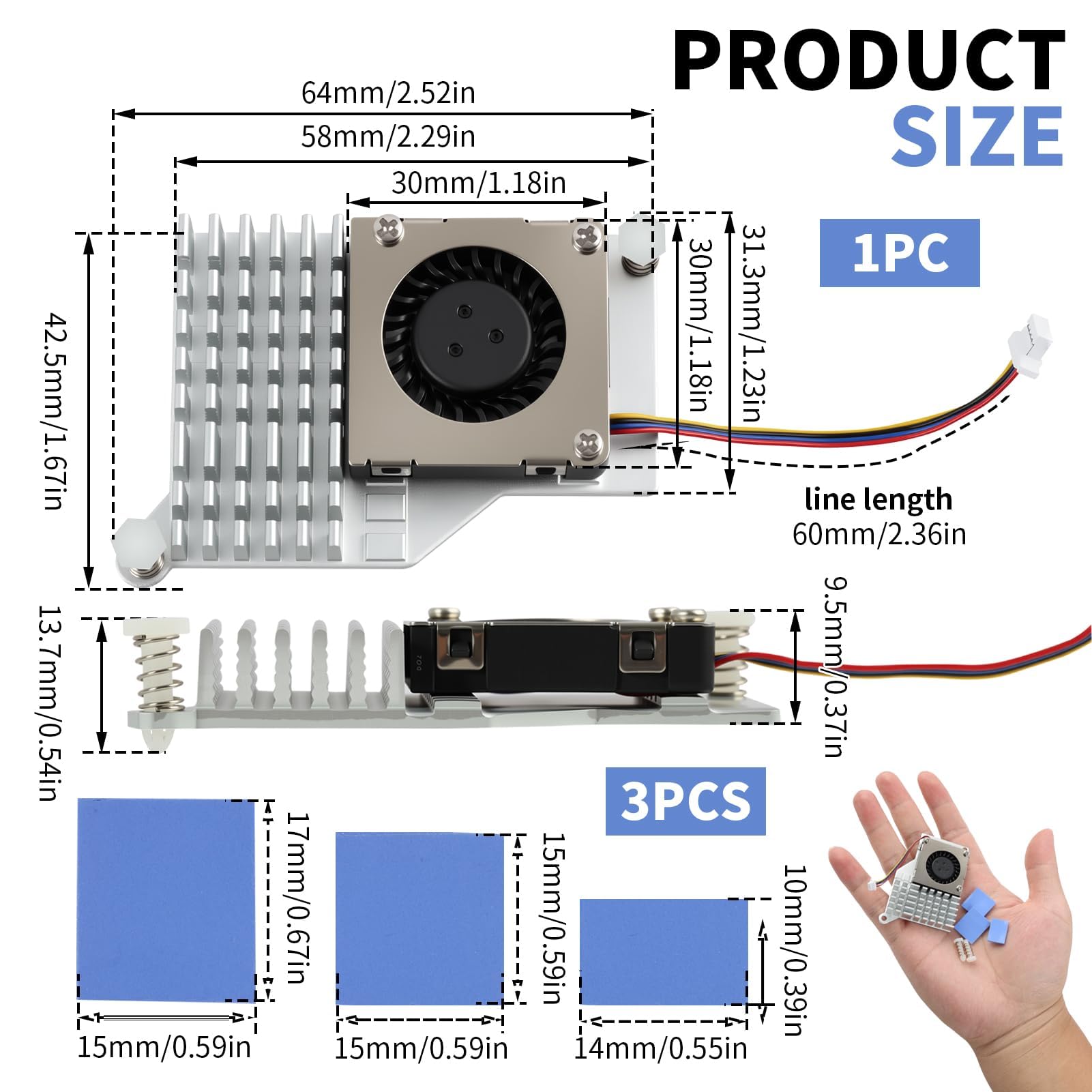 Aktywny wentylator z radiatorem do Raspberry Pi 5, wydajne i ciche chłodzenie procesora, blok aluminiowy i podkładka termiczna, sterowanie PWM do optymalizacji (5V)