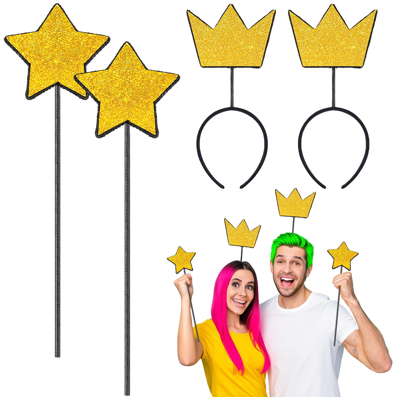 Sratte 4-teiliges Feenstern-Zauberstab- und Kronen-Stirnband-Set, Glitzer-Prinzessinnenstern-Zauberstab und goldfarbene Krone, Stirnband-Set, Engel-Prinzessinnen-Verkleidungsset für Halloween