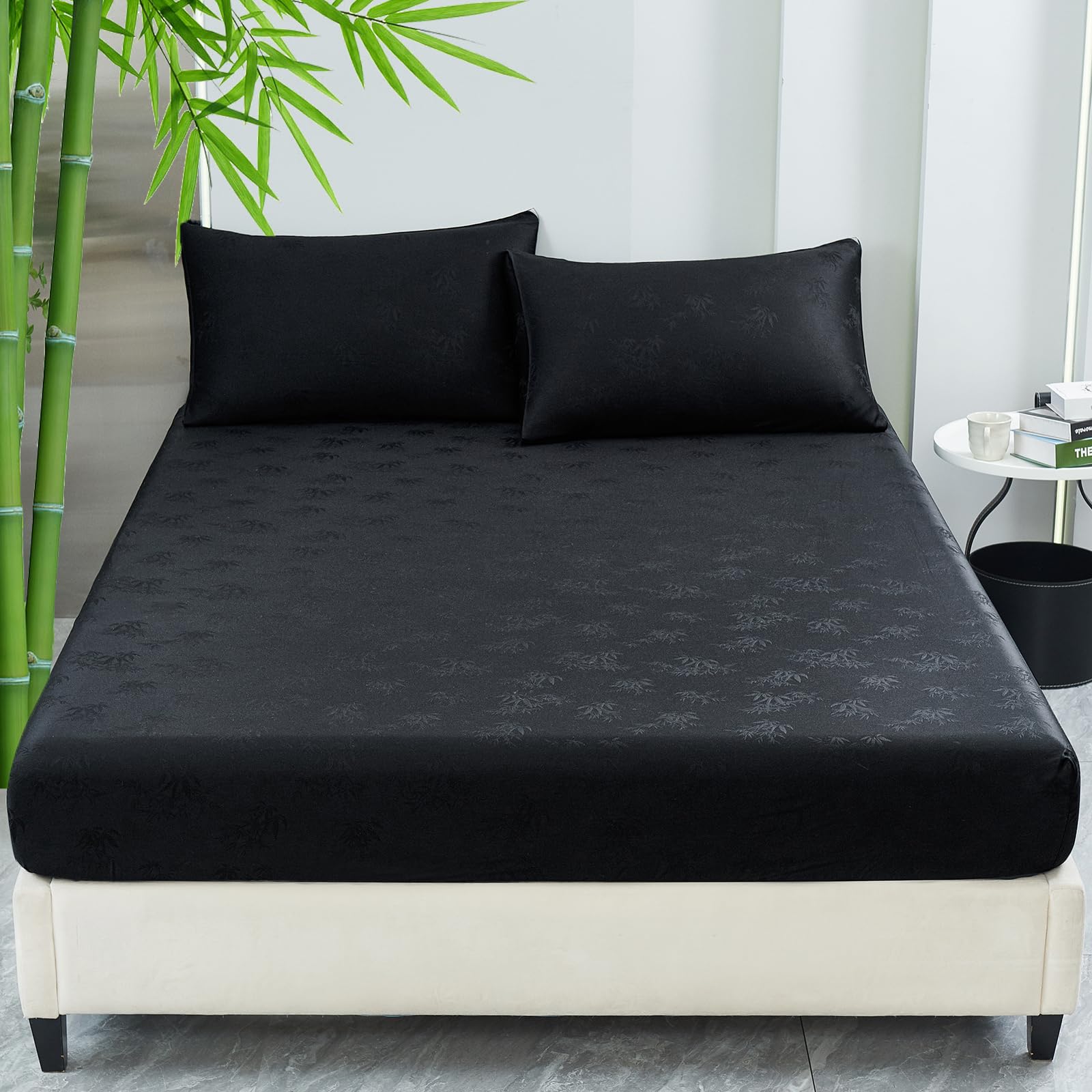 HCORA 100% Viscose Derived from Bamboo Fitted Sheet with Pillowcases - 400 Thread Count Jacquard Weaving Cooling Fitted Sheet for Hot Sleeper - 16" Deep Pocket with 2 Fitted Sheet Holder Straps