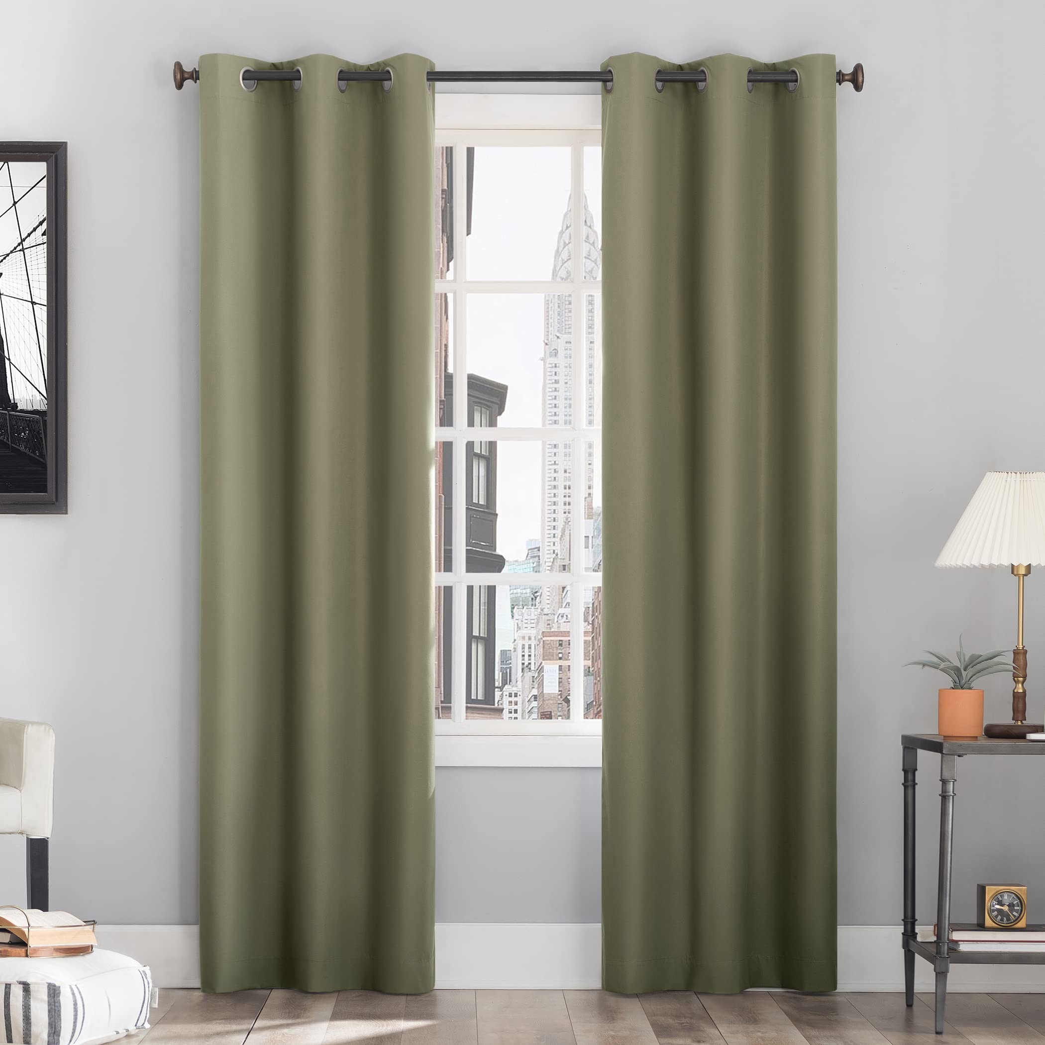 Sun Zero Cyrus Thermal 100% Blackout Grommet Curtain Panel Pair 40" x 63", Olive Green, W 40" x L 63" (2 Panels)