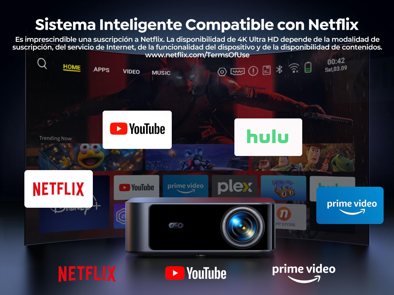Proyector【Alto Brillo1600 ANSI/Compatible con Netflix/36W Dolby】Smart Proyector 4K soporte App Oficial Integrada AI Auto Focus/Keystone, Proyector1080P Nativo WiFi6 Bluetooth5.2 Zoom 50% Cine en Casa