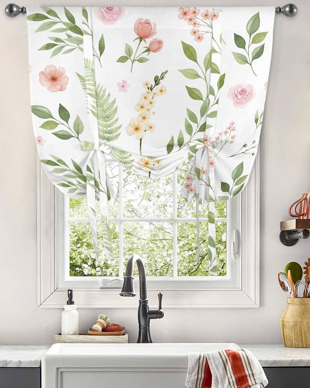 Watercolor Boho Flower Leaf Tie Up Window Shade Curtain Spring Pink Floral Green Leaves Kitchen Adjustable Balloon Curtains Shades Drape 52x63In for Living Room/Bedroom/Cafe Windows Nature Plant