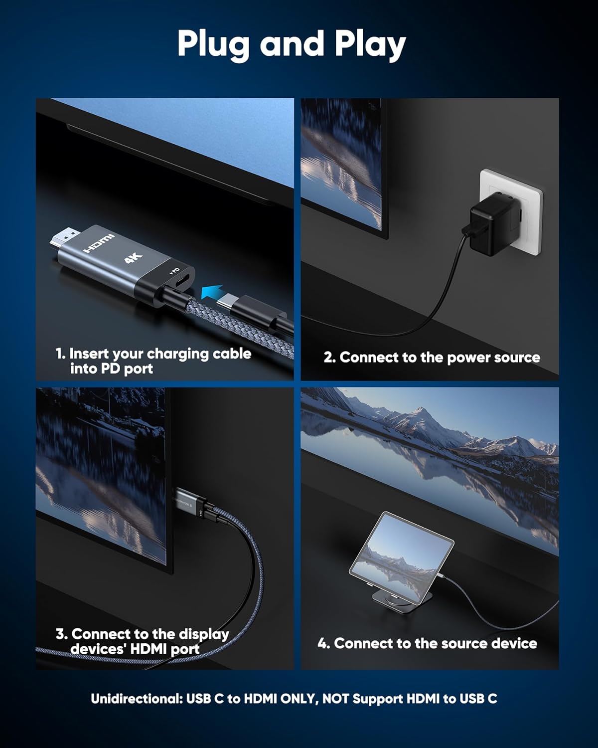 Highwings USB C to HDMI Cable Adapter with 100W PD Fast Charging Port (4K@60Hz), Type C to HDMI Braided Cord Thunderbolt 5/4/3 Compatible, for iPhone 17/16 iPad MacBook 6FT