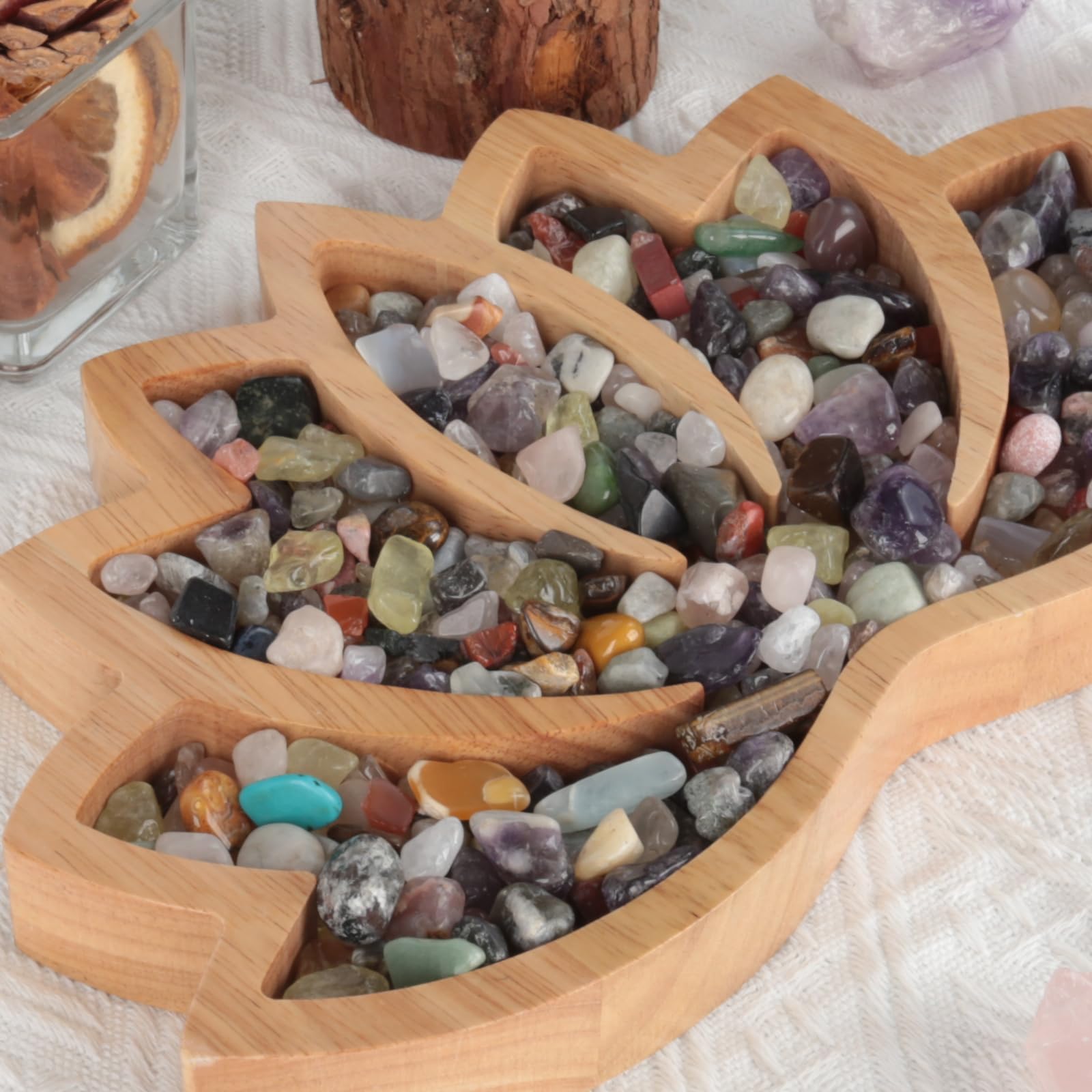 vassoio espositore in legno per pietre a forma di loto (per gioielli, cristalli, minerali)