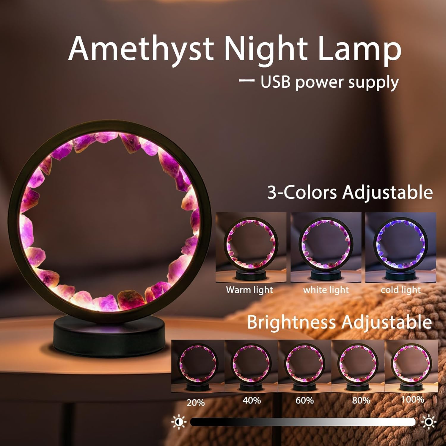 Forest Style Rock Biomimetic Plants Crystal Table Lamp USB Adjustable Tri-color Natural Clear Single Crystal Lighting for Home Office Ambient Light Decor