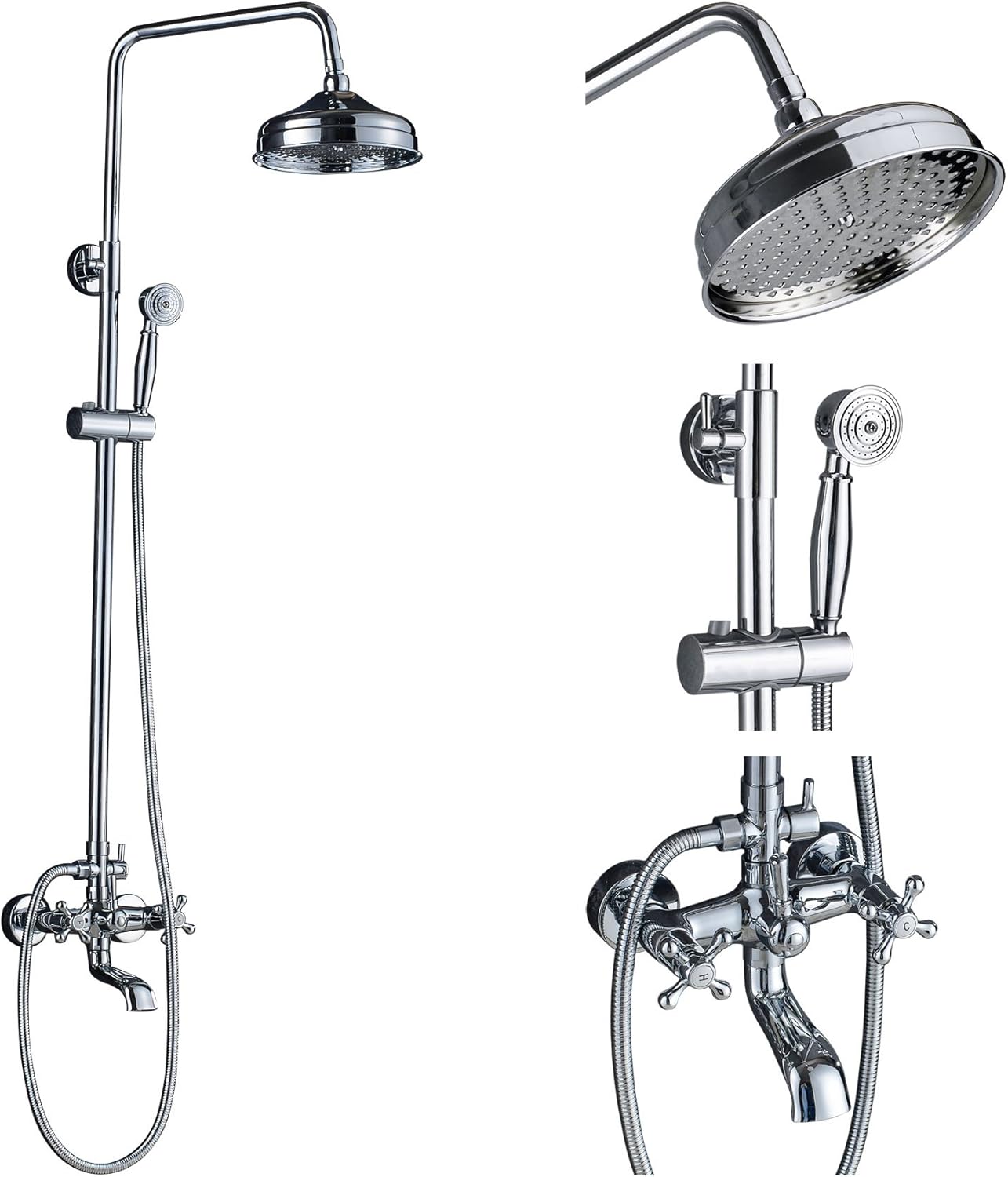 Rozin Bathroom 8" Top Rainfall Shower Set Tub Mixing Tap with Hand Spray Chrome Finish, Bathtub