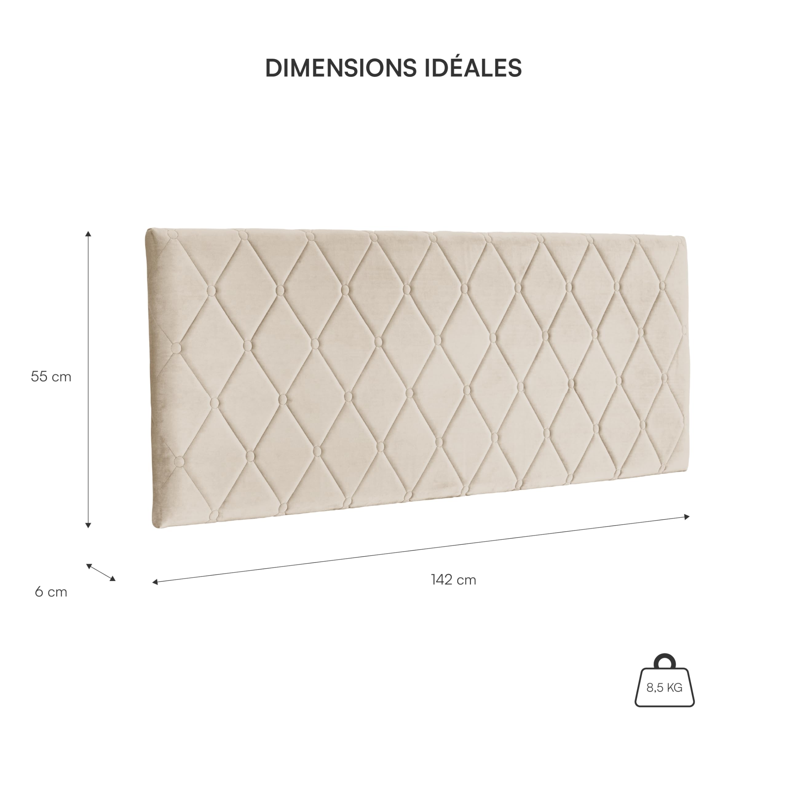 Baroni Home Tête de lit rembourrée en velours beige, structure MDF, double crochet acier, hauteur réglable, montage mural facile, design élégant et confortable, 142 x 55 cm