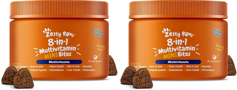 Zesty Paws Dog Multivitamin, Chewable Dog Vitamins and Supplements for Hip & Joints, Skin & Coat, Omega 3 Fish Oil for Dogs- Senior & Puppy Multivitamin - Chicken Mini Bites- 90ct (Pack of 2)