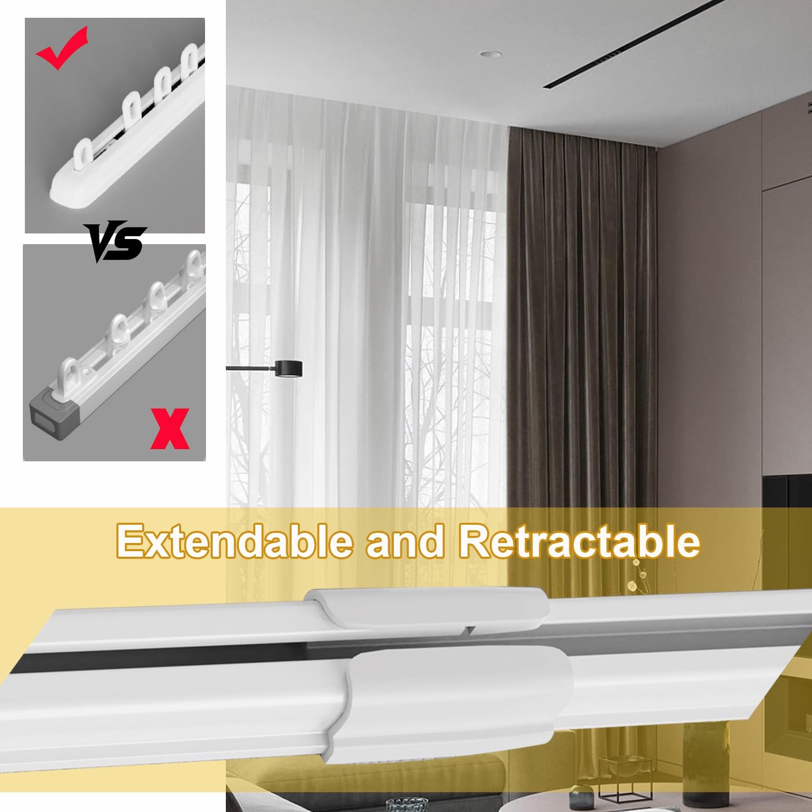 Ausziehbare Aluminium-Gardinenstange, 0,85 bis 4,20 m, leise, reibungslose Bedienung, Decken-/Wandhalterung, mit Haken, ideal für Wohn- und Schlafzimmer-Dekor.