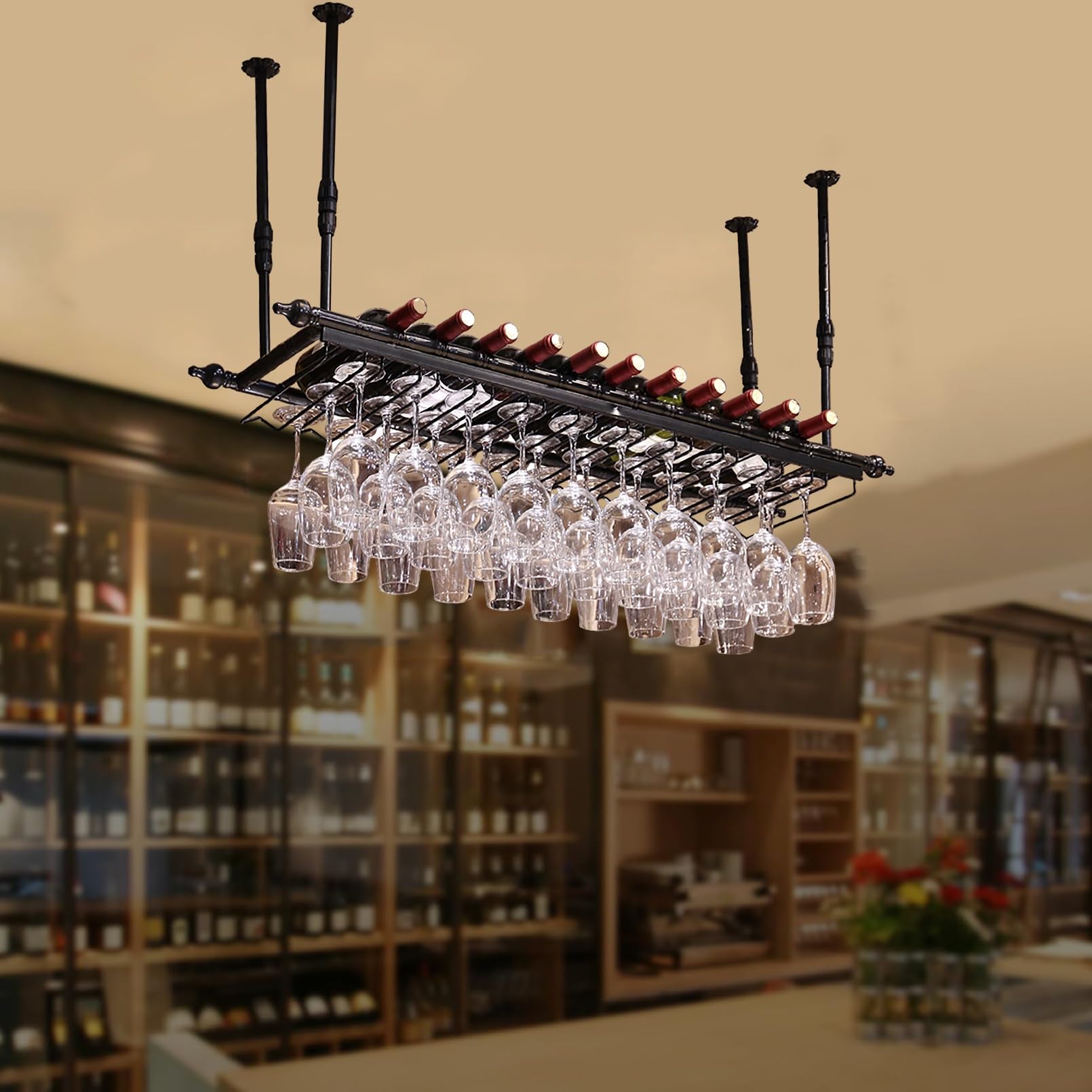 Amazon｜天井ワイングラスラック、ガラスホルダーと棚付き吊り下げ式