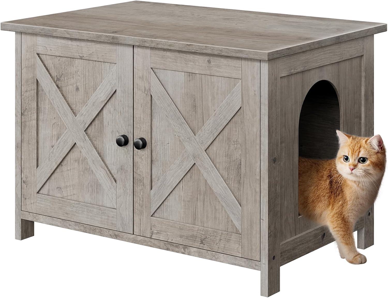 Vongrasig Cat Litter Box Enclosure,Litter Box Furniture Hidden with Barn Door,Wooden Cats Washroom Furniture,Cat House,End Table, Fit Most of Litter Box, Black