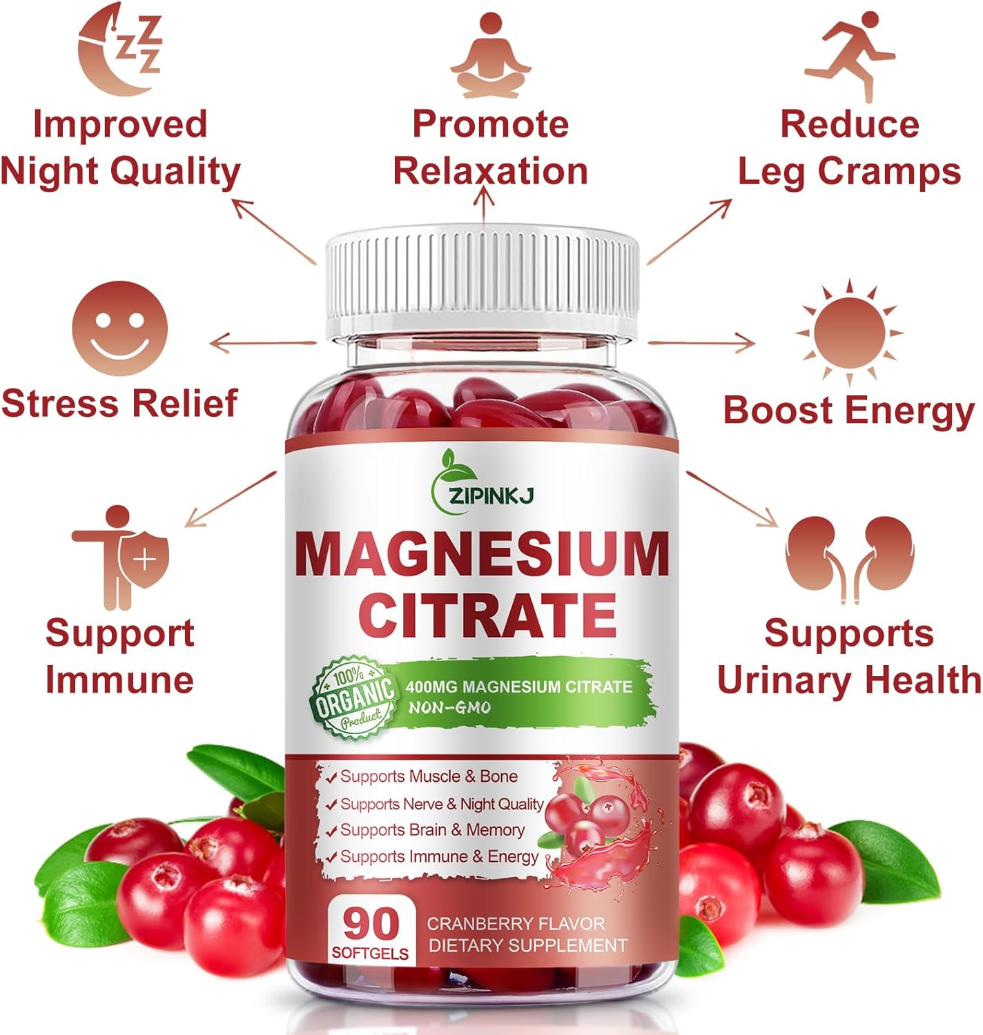 Magnesium Citrate 400mg, High Absorption Magnesium Citrate Supplement with Vitamin D3, Vitamin B6 and Cranberry Extract, Improved Night Quality Muscle & Bone for Women and Men, 135-Day Supply